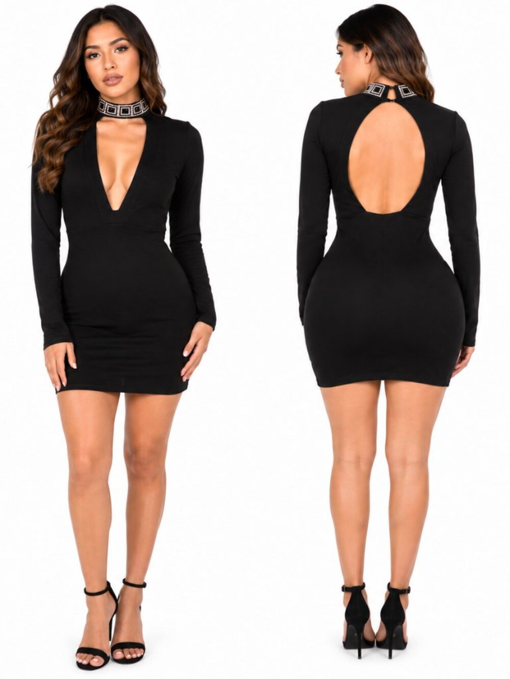 Lac Bleu Black Bodycon Dress Size L Open Back Rhinestone Neck Stretch Mini Dress